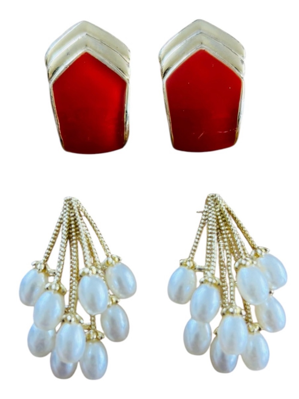 Costume Pierced Earring Lot 80s Gold Tone
Faux Pearl Cluster & Red Enamel Chevro